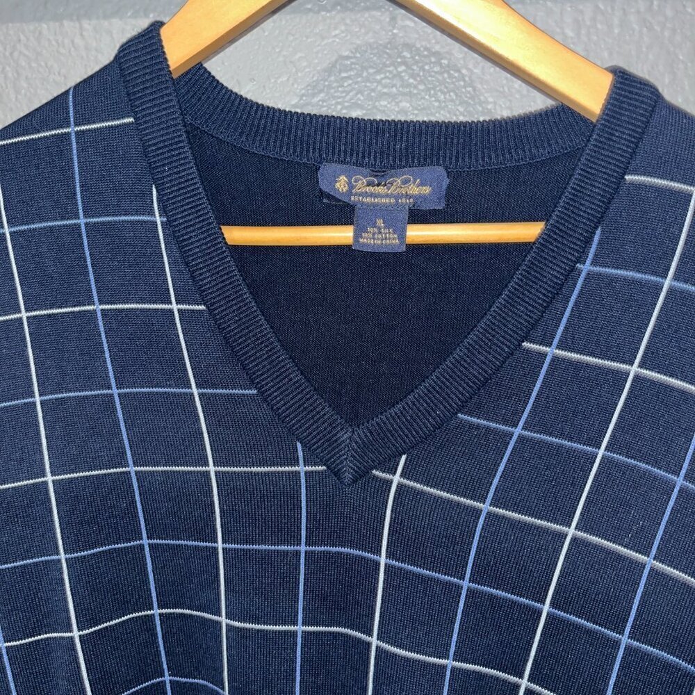 BROOKS BROTHERS Silk Blend Navy Window Pane Business Preppy V-Neck Sweater - XL - Picture 2 of 7